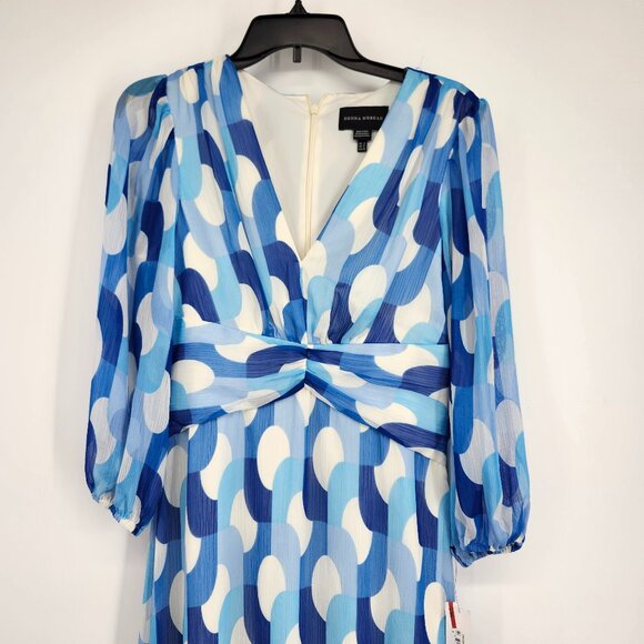 Donna Morgan Womens Plunging V-Neck Geo-Print Maxi Dress Cream/Powder Blue 8 NWT - Picture 2 of 7